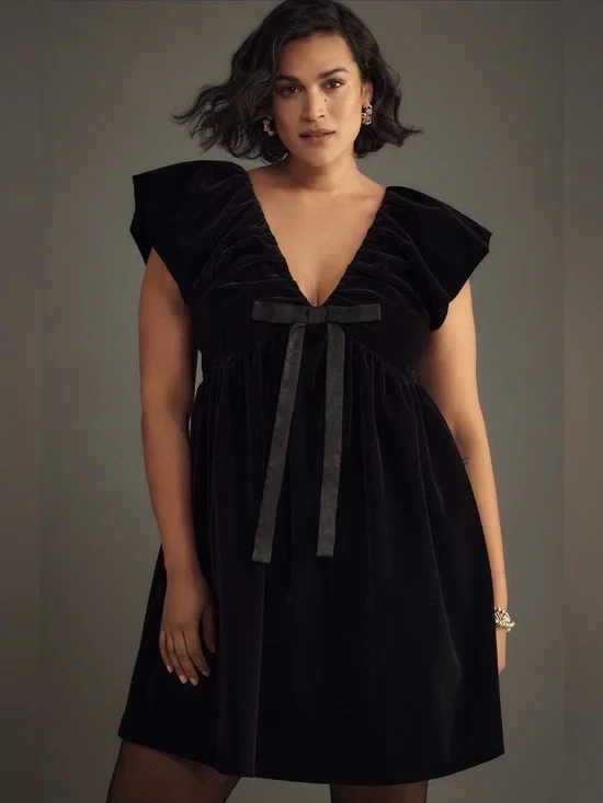 anthropologie black velvet bow dress Maeve Bow Velvet Mini Dress